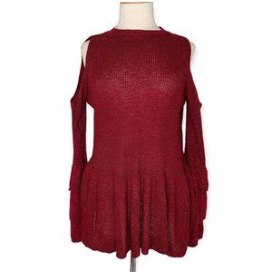 Express Red Peek A Boo Shoulder Peplum Sweater L Bell Ruffle Sleeve High Neck